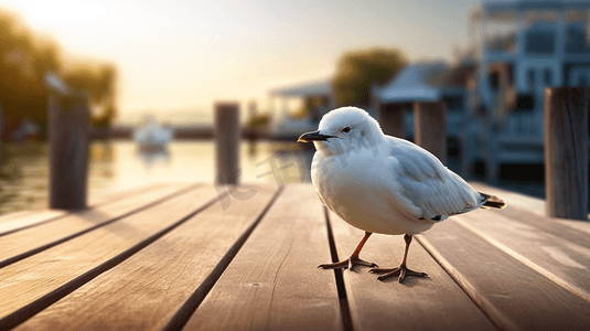 白色小鸟摄影照片_白天棕色木质码头上的白色小鸟