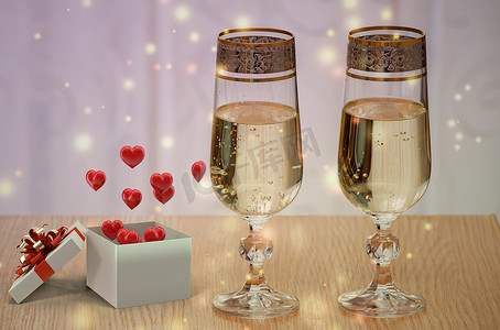 情人节礼物和香槟。