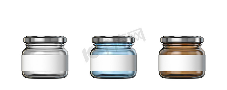 白色、蓝色和棕色大玻璃瓶白色标签 3D