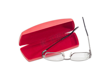现代眼镜和红色眼镜盒