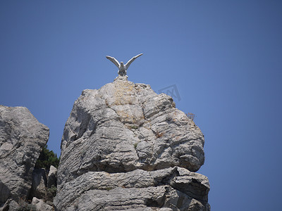 小鸟逼真摄影照片_海滩上灰色岩石上的一只小鸟的逼真雕像。
