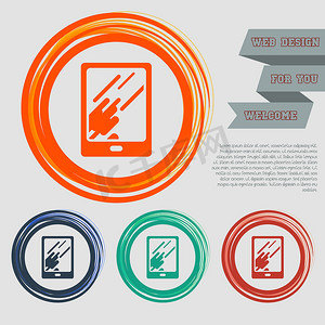 在您的网站和设计空间文本的红色、蓝色、绿色、橙色按钮上反射光图标的平板电脑。