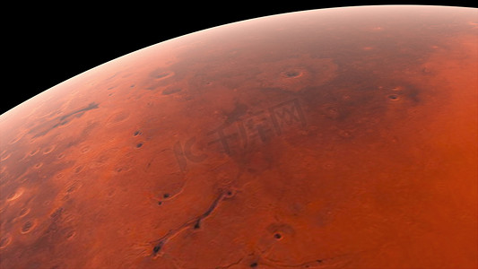 火星表面摄影照片_飞越火星表面，计算机生成。