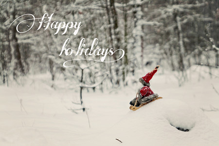 扁平文字框摄影照片_玩具圣诞老人在白雪皑皑的森林里的雪橇上，上面有文字