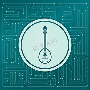 吉他，绿色背景上的乐器图标，箭头指向不同的方向。