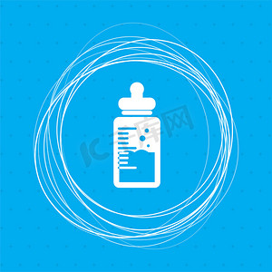 奶瓶图标摄影照片_蓝色背景上的婴儿奶瓶图标，周围有抽象圆圈，并为您的文字放置。