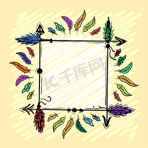 手绘羽毛箭摄影照片_带有箭头和羽毛的装饰框手绘在黄色背景上。