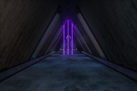 发光霓虹灯摄影照片_带有发光霓虹灯的梦幻混凝土隧道建筑。 