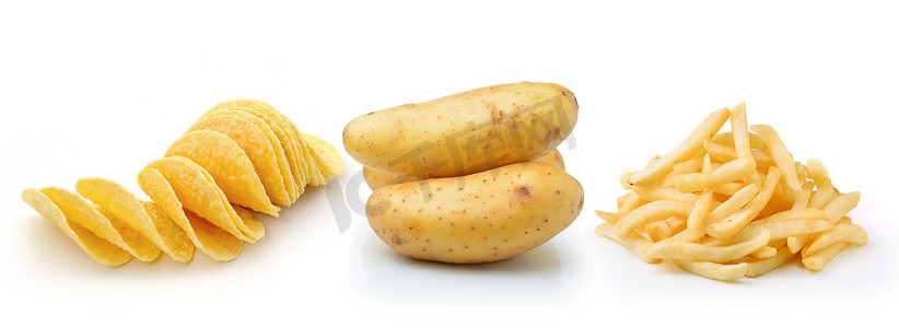 白色背景上分离的薯片、炸薯条和马铃薯