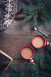 圣诞杯咖啡可可配针织毛衣和一本书和杉树枝平躺顶视图