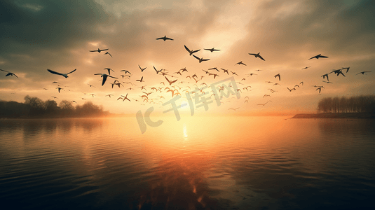 一群鸟摄影照片_一群鸟在一片水域上空飞翔