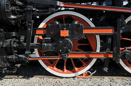 历史蒸汽机车的活塞和驱动轮
