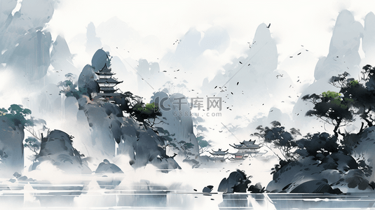 中国水墨画山水风景水墨山水插画海报背景