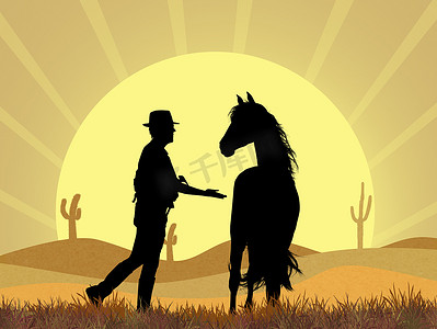 太阳光线摄影照片_沙漠中的牛仔和马
