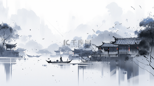 山水插画背景图片_中国水墨画山水风景水墨山水插画海报背景