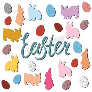 可爱的手绘兔子摄影照片_兔子和彩绘复活节彩蛋，上面写着复活节字样。