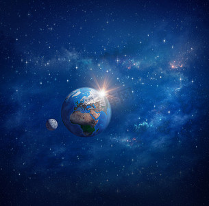 行星地球、日出和月亮在外层空间