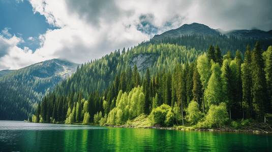 白天白云笼罩下的湖边和山上的绿树