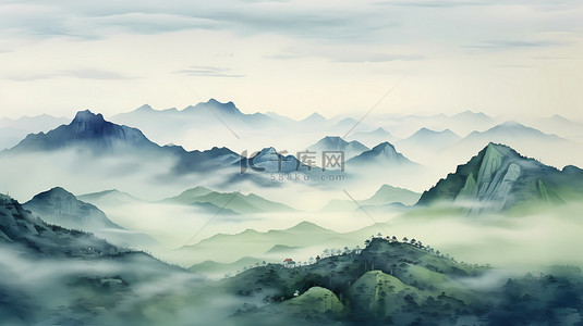 朦胧山水背景图片_水墨山水画古风青色朦胧山水笔触淡雅