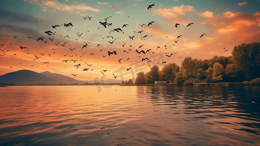 一群鸟在一片水域上空飞翔