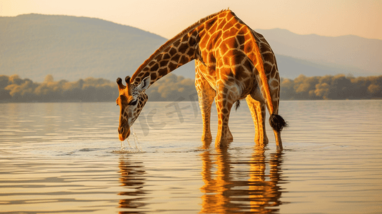 长颈鹿白天在湖上喝水