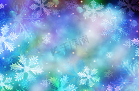 粉色雪花摄影照片_与雪花和星的五颜六色的圣诞节背景