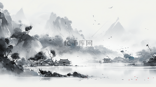 中国水墨画山水风景水墨山水插画海报背景