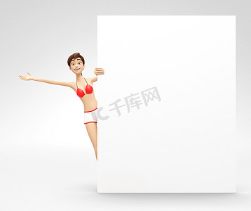 空白产品广告牌和横幅样机-微笑、快乐的 3D 比基尼角色