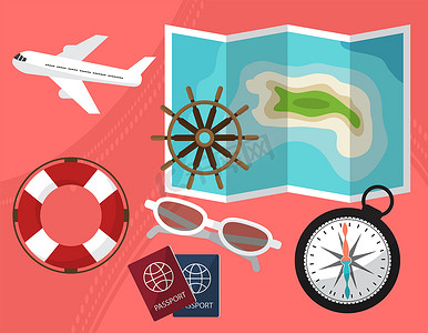 太阳指南针摄影照片_带上护照设施、指南针、太阳镜和生命线去度假和去岛屿旅行。