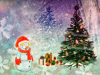 圣诞树木摄影照片_圣诞风景雪人与礼物。 