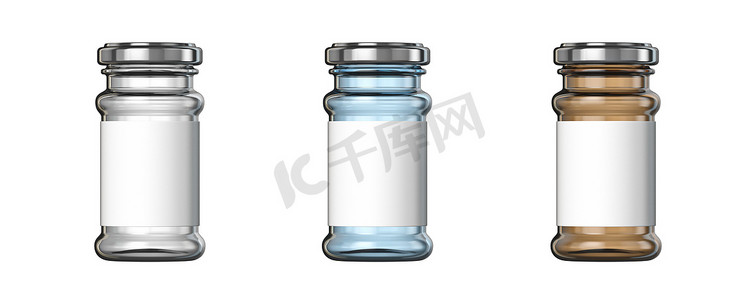 京东大促标签摄影照片_白色、蓝色和棕色大玻璃瓶白色标签 3D