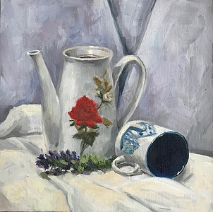 静物与茶壶和杯子，学术油画概念图