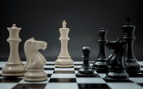 国际象棋骑士摄影照片_黑色和白色国王和国际象棋骑士设置在黑暗的背景