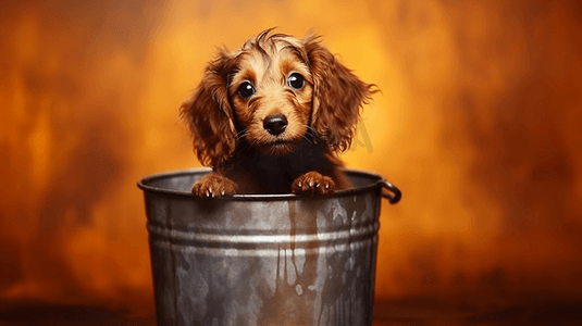 棕色塑料桶里的棕色长毛小狗