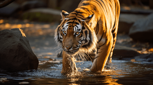 成年老虎在河里喝水