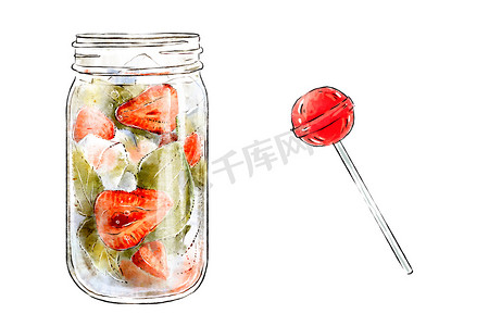 新鲜水果和棒棒糖美味冰沙的彩色手绘插图。