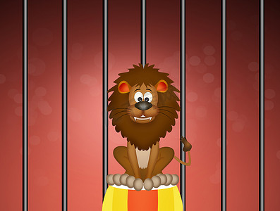 鞭子摄影照片_马戏团关在笼子里的滑稽狮子