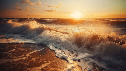 日落时海浪在岸上撞击