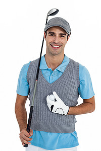多人高尔夫摄影照片_拿着高尔夫球和高尔夫球杆站立的高尔夫球手的肖像