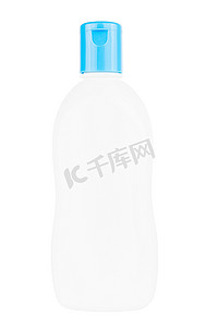 白色背景中突显的带蓝色帽子的小塑料瓶液体肥皂
