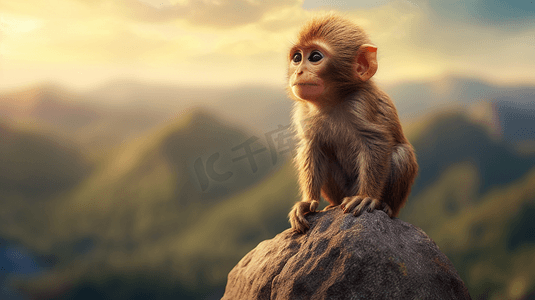 一只小猴子坐在岩石上