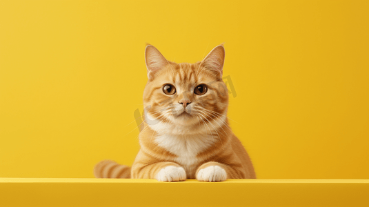 黄色和摄影照片_黄色表面上的橙色和白色的猫