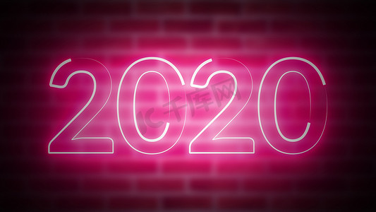 2020光摄影照片_计算机生成的砖墙背景下的 2020 年新年霓虹灯标志。 
