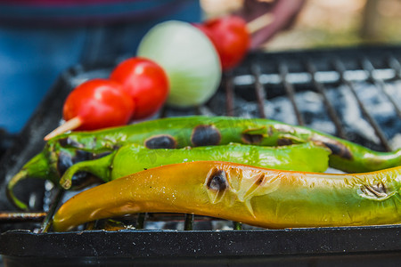 青西红柿摄影照片_西红柿、洋葱和青辣椒在烤架上煮熟
