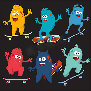 一组骑滑板的欢快多彩的卡通怪物。