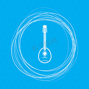 吉他，蓝色背景上的乐器图标，周围有抽象圆圈，并为您的文本放置。