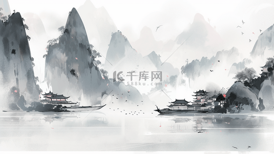 插画海报背景图片_中国水墨画山水风景水墨山水插画海报背景