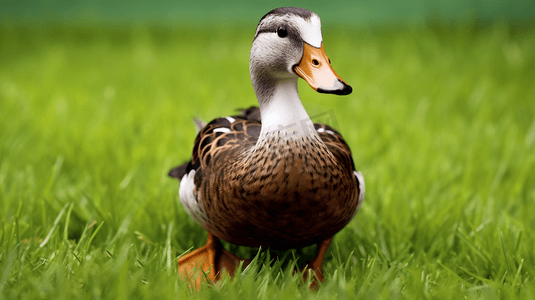 鸭子摄影照片_白天绿草如茵的棕白色和黑色鸭子