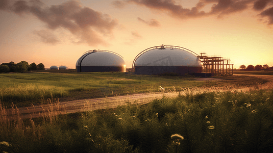 Energy摄影照片_Biogas plant for power generation and energy generation, --ar 16:9