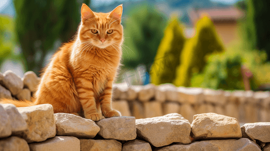 一只橙色的猫坐在石头人行道上